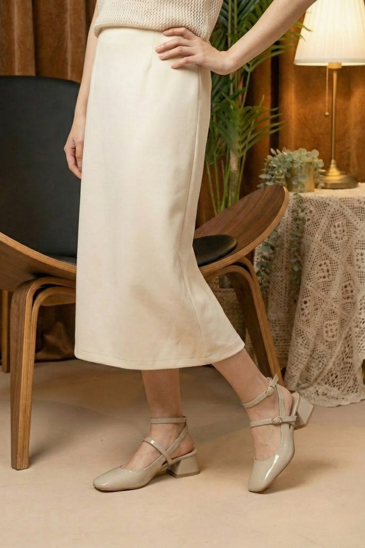 Rexven  Krem Rugan Arkası Açık Kare Burunlu Kısa Topuk Günlük Babet Kadın Klasik Topuklu Ayakkabı - Görsel 3