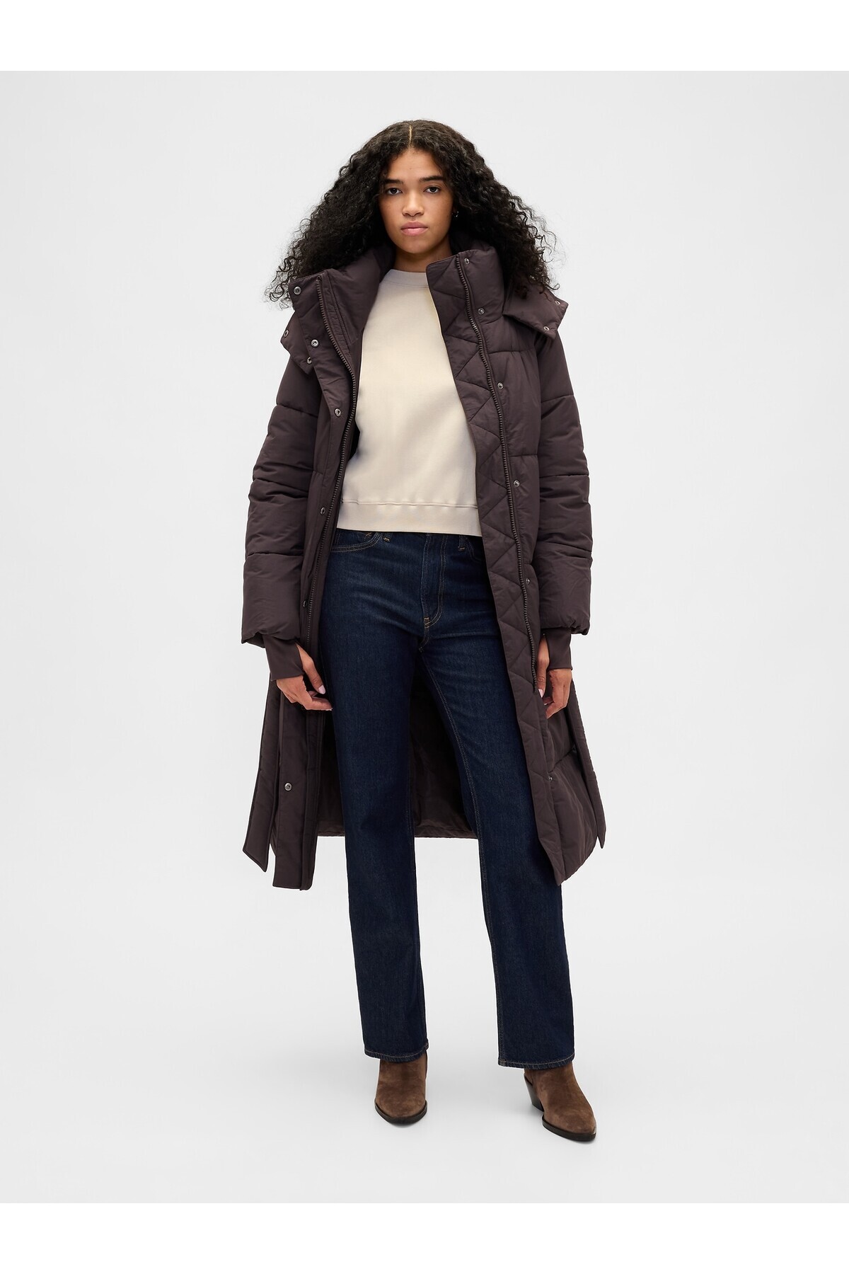 GAP  Kadın Koyu Kahverengi Belted Long Puffer Şişme Kaban - Görsel 5