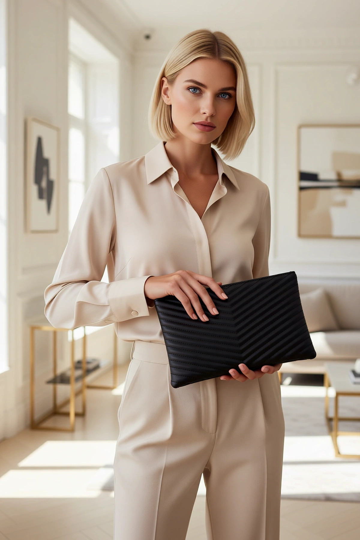 Kadın Dokulu Fermuarlı Bilek Askılı Clutch Çanta Çapraz Çizgili Desenli Kompakt Boyut Spor