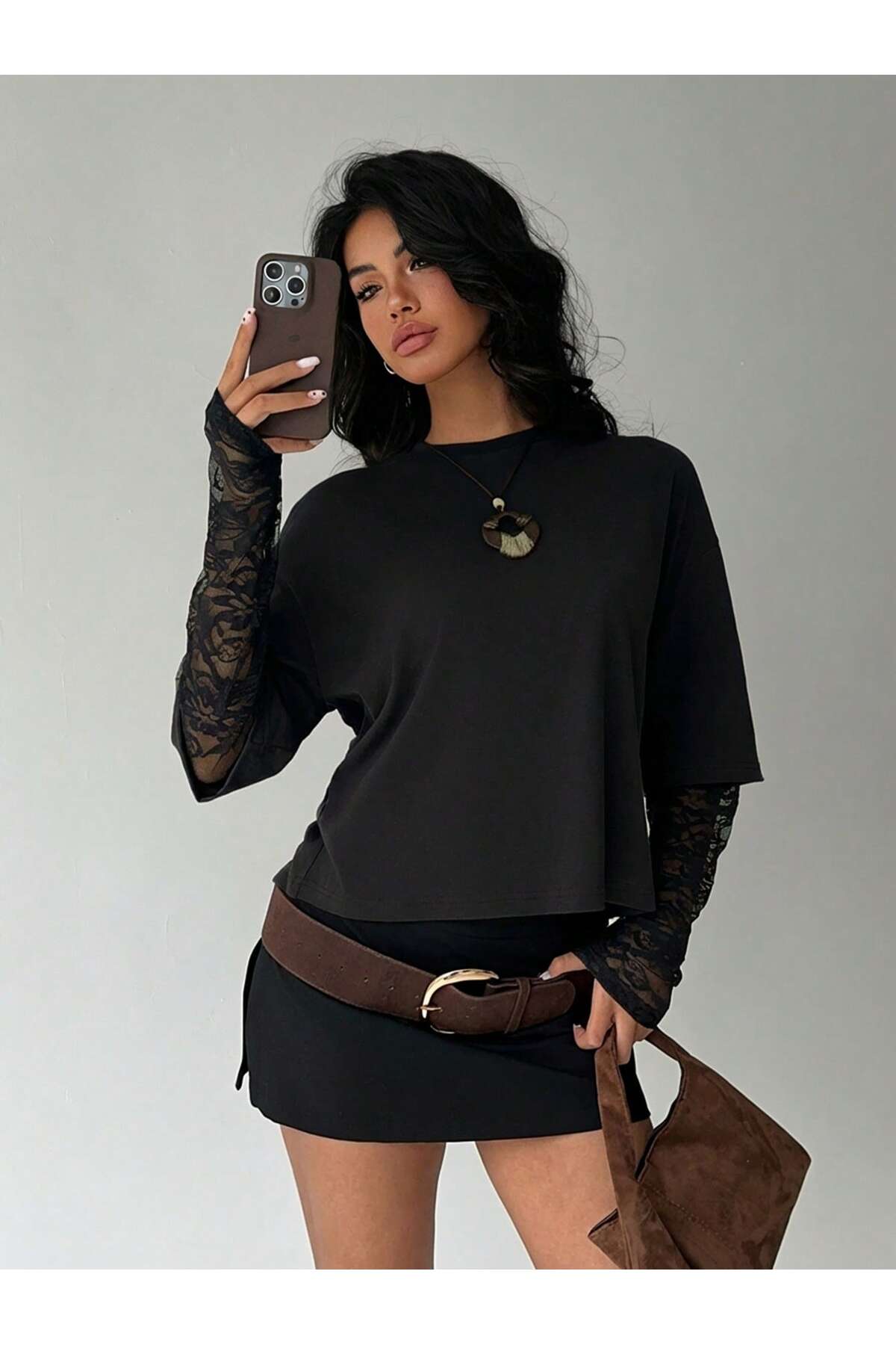 WEEST MODA  siyah oversize tişört dantel kollu yuvarlak yaka üst - Görsel 7