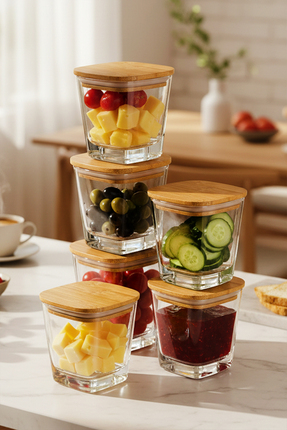 Snippy Elite - 6'lı Bambu Kapaklı Vakumlu Cam Kahvaltılık Çok Amaçlı Cam Çere...