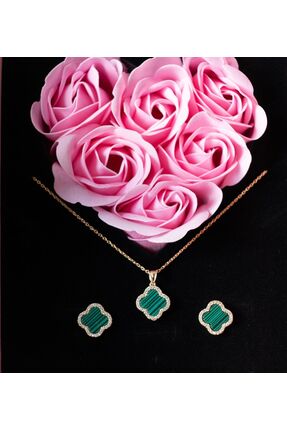 eva silvera Sevgiliye Özel Hediyesi Yeşil Yonca Küpe Kolye Seti 925 Ayar Gümü...