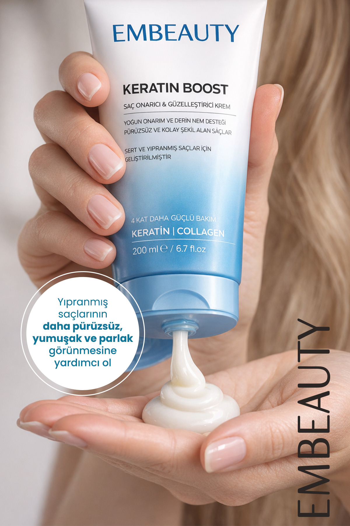 Keratin Boost Onarıcı Dolgunlaştırıcı Saç Bakım Kremi 200 ml — embmaske — تصویر 7 از 8