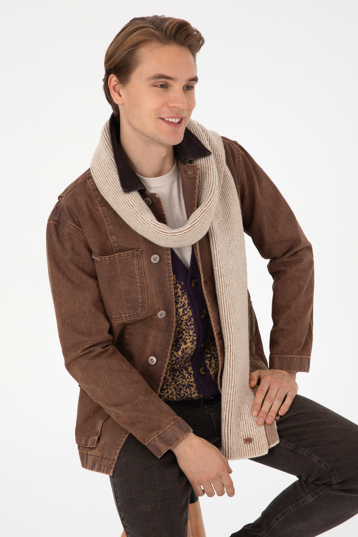 یو اس پولو پیراهن مردانه جین قهوه‌ای 50308310-DN0031