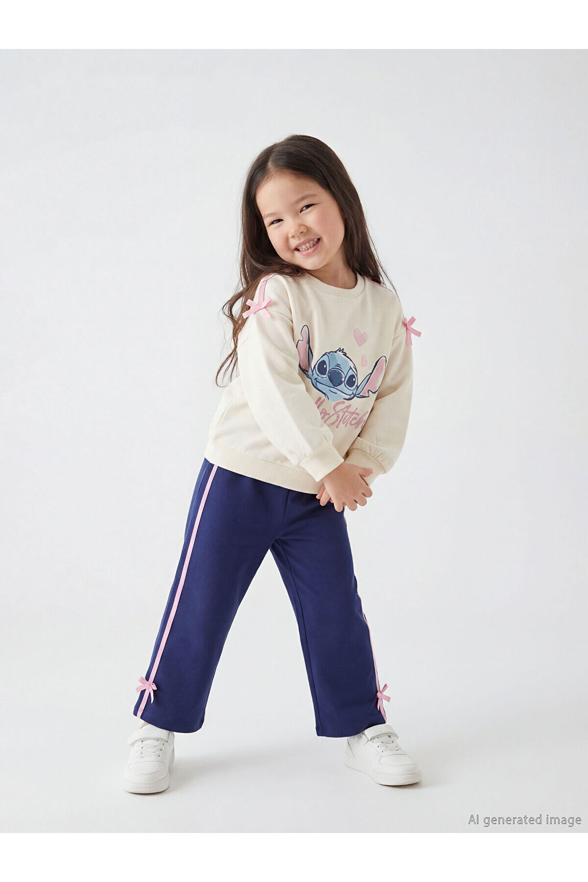 LC Waikiki Elsiva Collection Ekru Lilo & Stitch Baskılı Kız Çocuk Sweatshirt ve Eşofman Altı fotoğrafı 2 (önizleme)