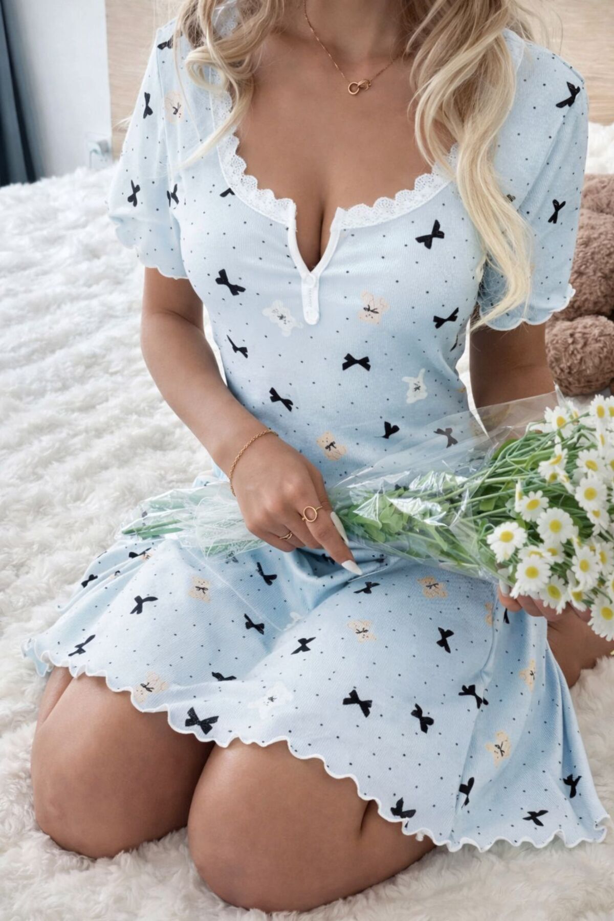 Jermo KADIN BASKILI PENYE DANTEL DETAYLI GECELIK