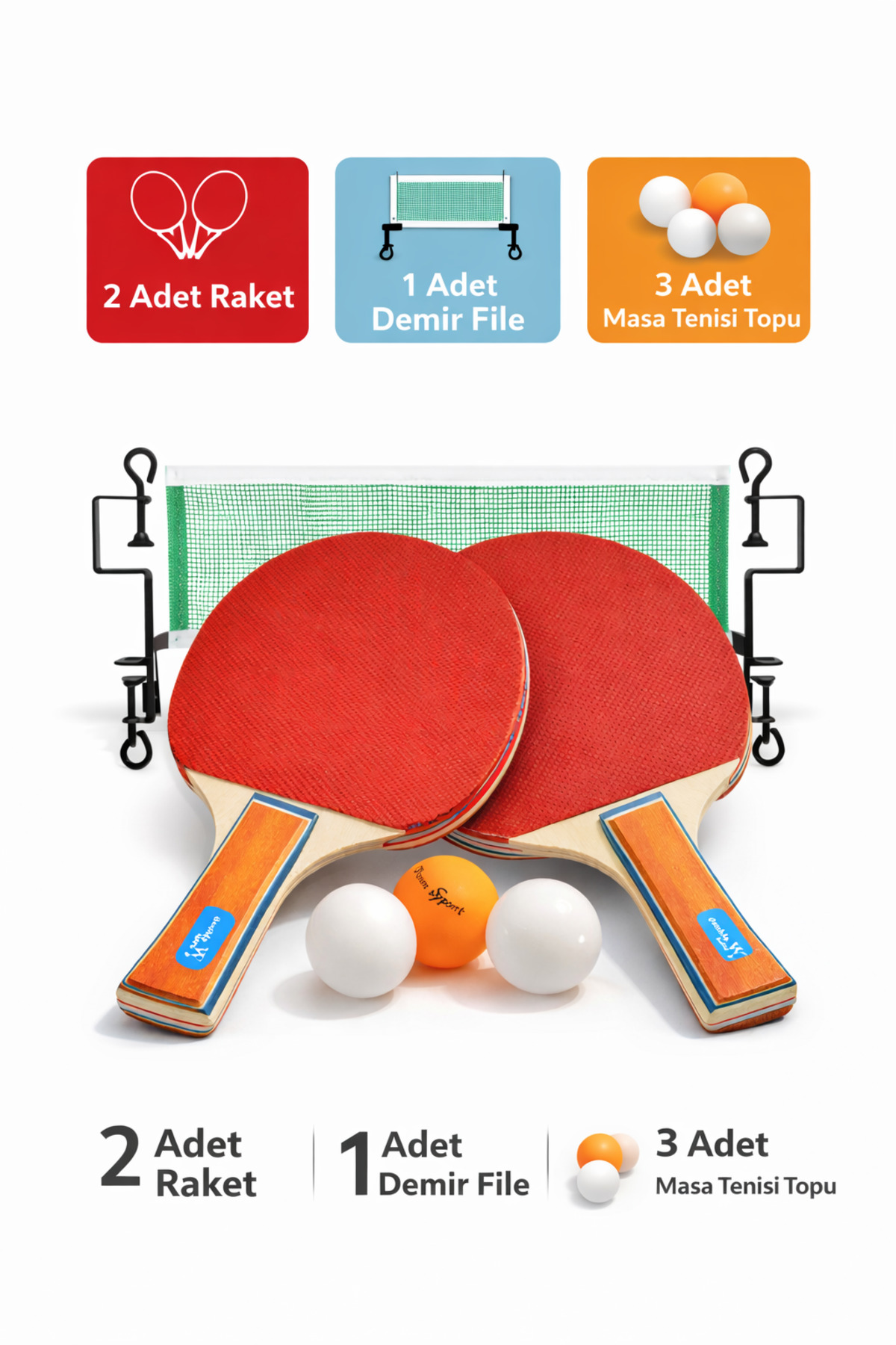 Janissary Masa Tenisi Seti – 2 Raket + Demir File + 3 Top | Ev ve Ofis İçin Kolay Kurulum Ping Pong Seti