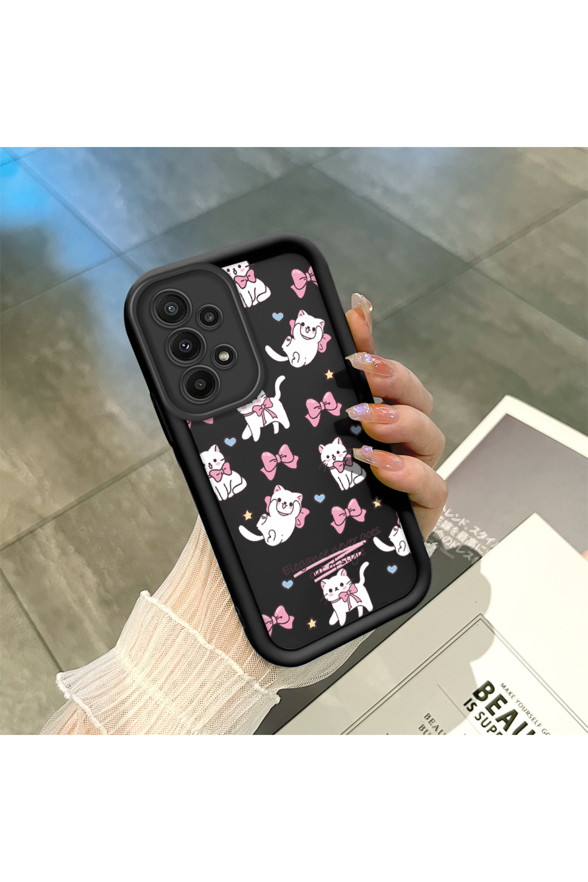 Samsung Galaxy A23 Compatible Silicone Material Shockproof Black Color Case Cute Cat