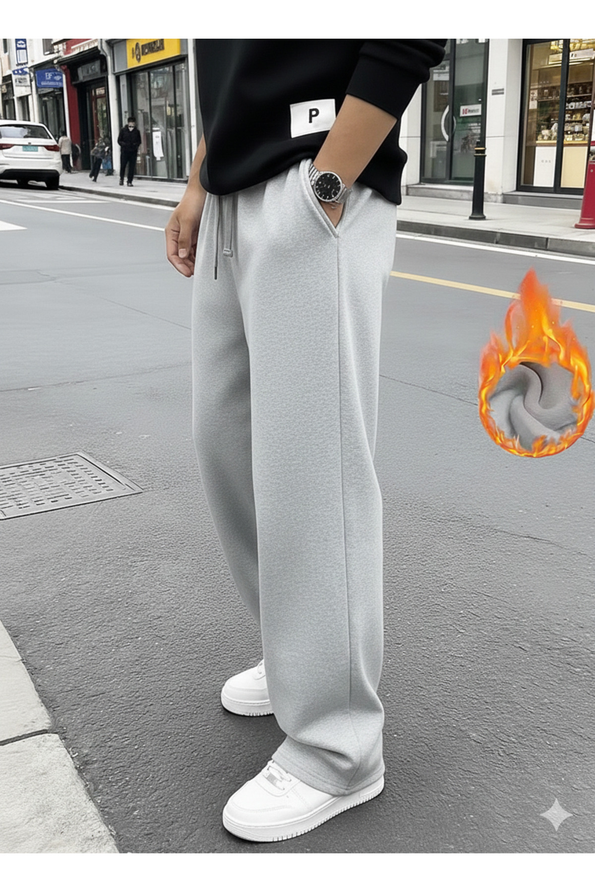 CAONNES  Erkek Oversize 2 Adet Kışlık İçi Pamuklu Siyah ve Gri Bol Kesim Bağcıklı Kalın Kumaş Eşofman Altı - Görsel 4