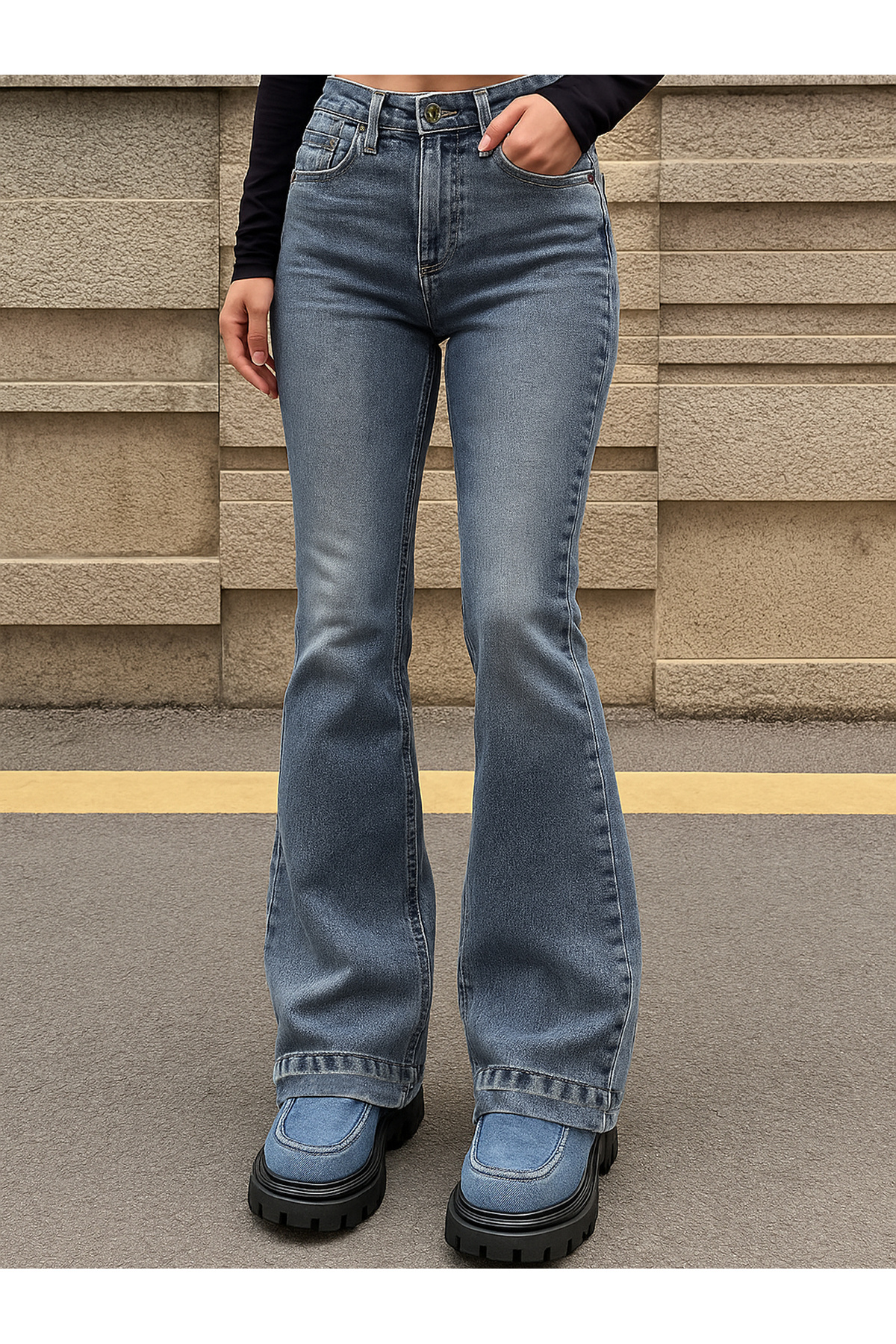 Shevadne  Kadın Yüksek Bel Mavi İspanyol Paça Jean Pantolon Retro Günlük Dört Mevsim - Görsel 5