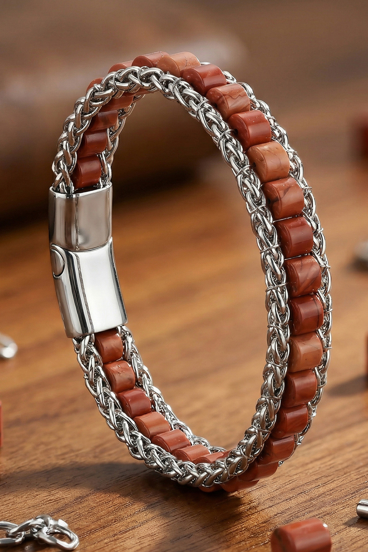 Men Women Red Jasper Rhinestone Wicker Mesh Steel Cord Natural Stone Bracelet