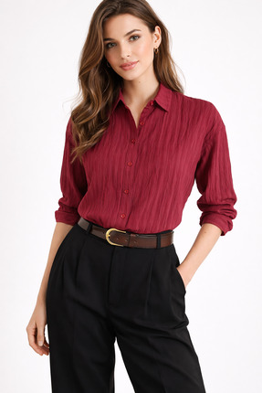 Nuevo Kadın Bordo Dokulu Kumaş Önü Düğmeli Hafif Transparan -ŞIK -