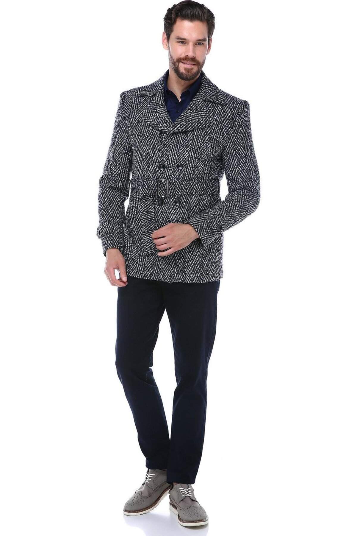 Erkek Desenli Slim Fit Yün Karışımlı Kaban Desenli Lacivert K7539 — سرمه‌ای K7539 DEWBERRY SLIM-FIT OVERCOAT — تصویر 2 از 4