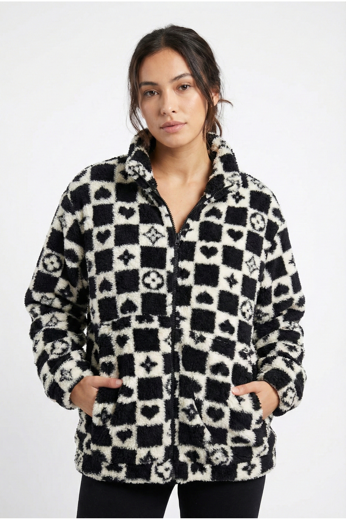Women's PATTERNED Zippered WellSoft BLACK WHITE FLEECE