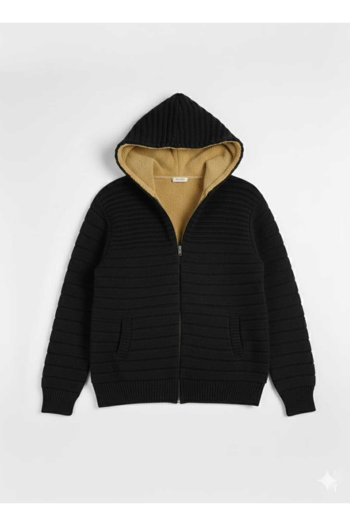 KMKkombin  ERKEK PREMİUM SERİ İÇİ KÜRKLÜ KAPÜŞONLU ÖRME HIRKA - Görsel 3