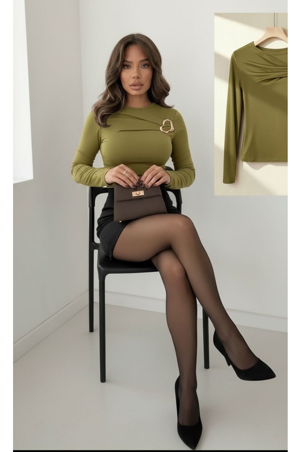 peri tower  YENİ ÜRÜN Kadın Tokalı Göğüs Detaylı Sandy Uzun Kollu Bluz 0068 - Görsel 3