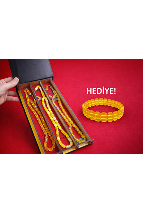 Eflatun Collection 3+1 Toz Kehribar Tesbih Seti ( Beyrut Damla Bileklik Hediy...