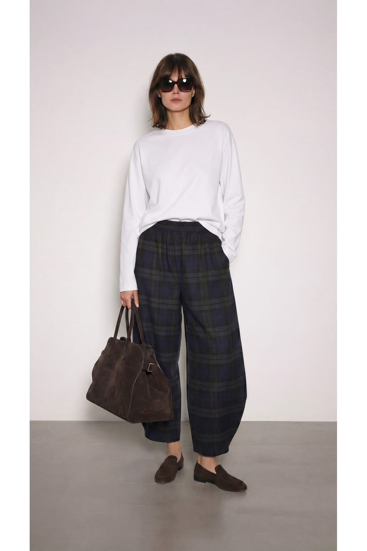 BABOKAH  Dökümlü Geniş Paça Ekose Pantolon