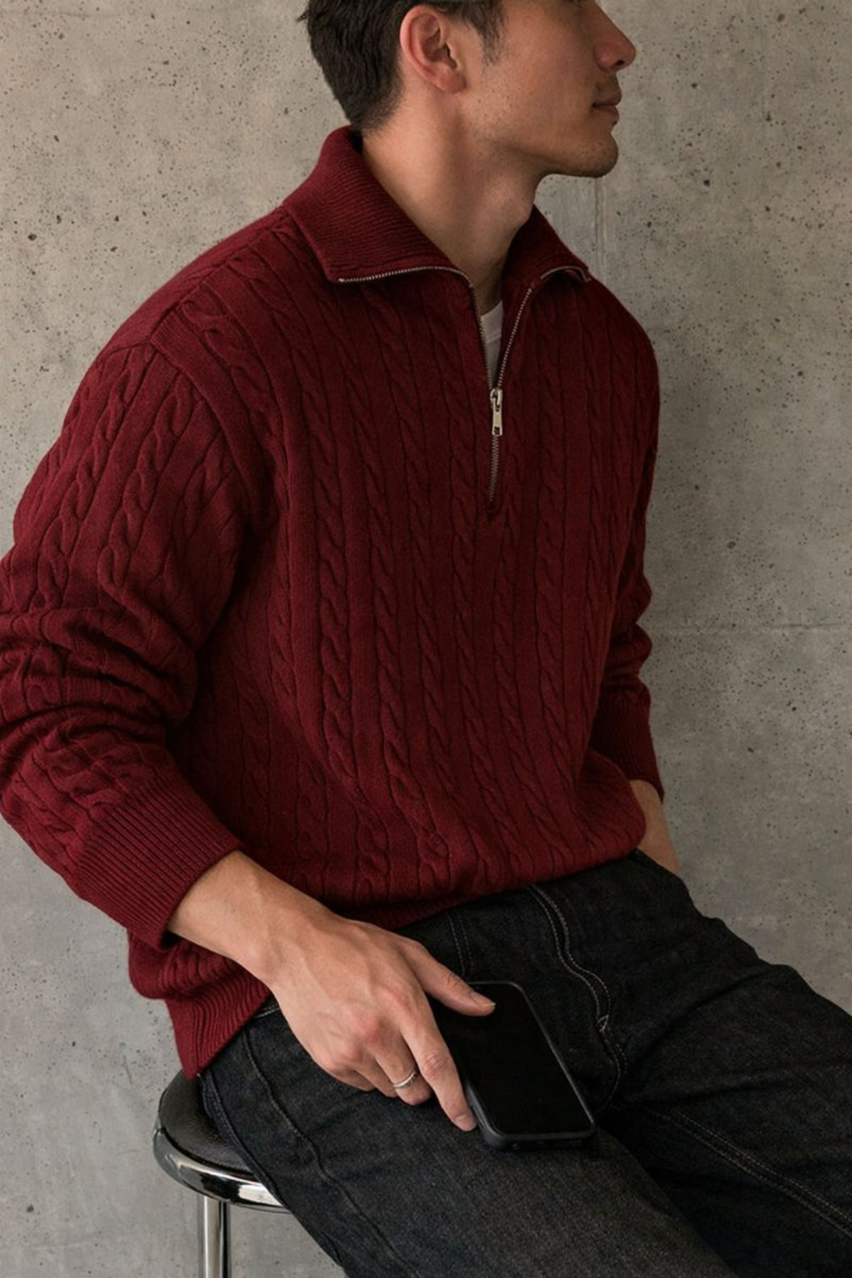COOL TARZ  Erkek Bordo Yarım Fermuarlı Saç Örgü Triko Kazak - Görsel 2