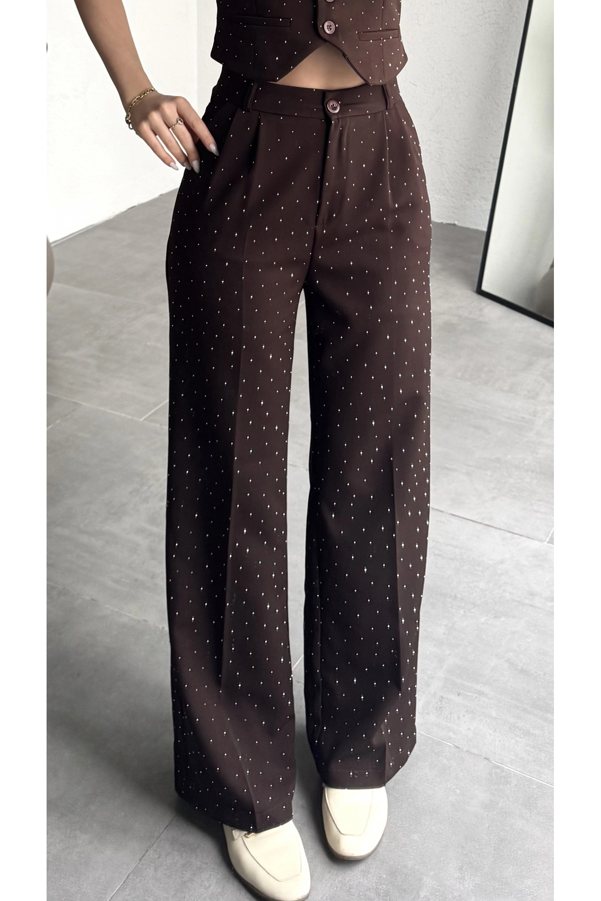 asfamoda  Kadın Kahverengi Taşlı Pırıltılı Yüksek Bel Bol Paça Pileli Palazzo Pantolon