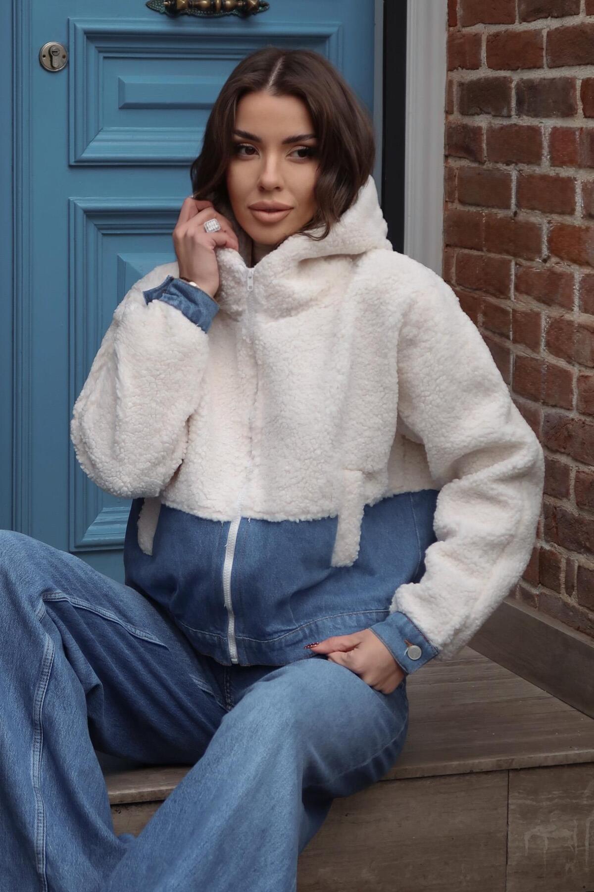 Lijuri  Kot Garnili Kapüşonlu Peluş Ceket 7119 - Görsel 8