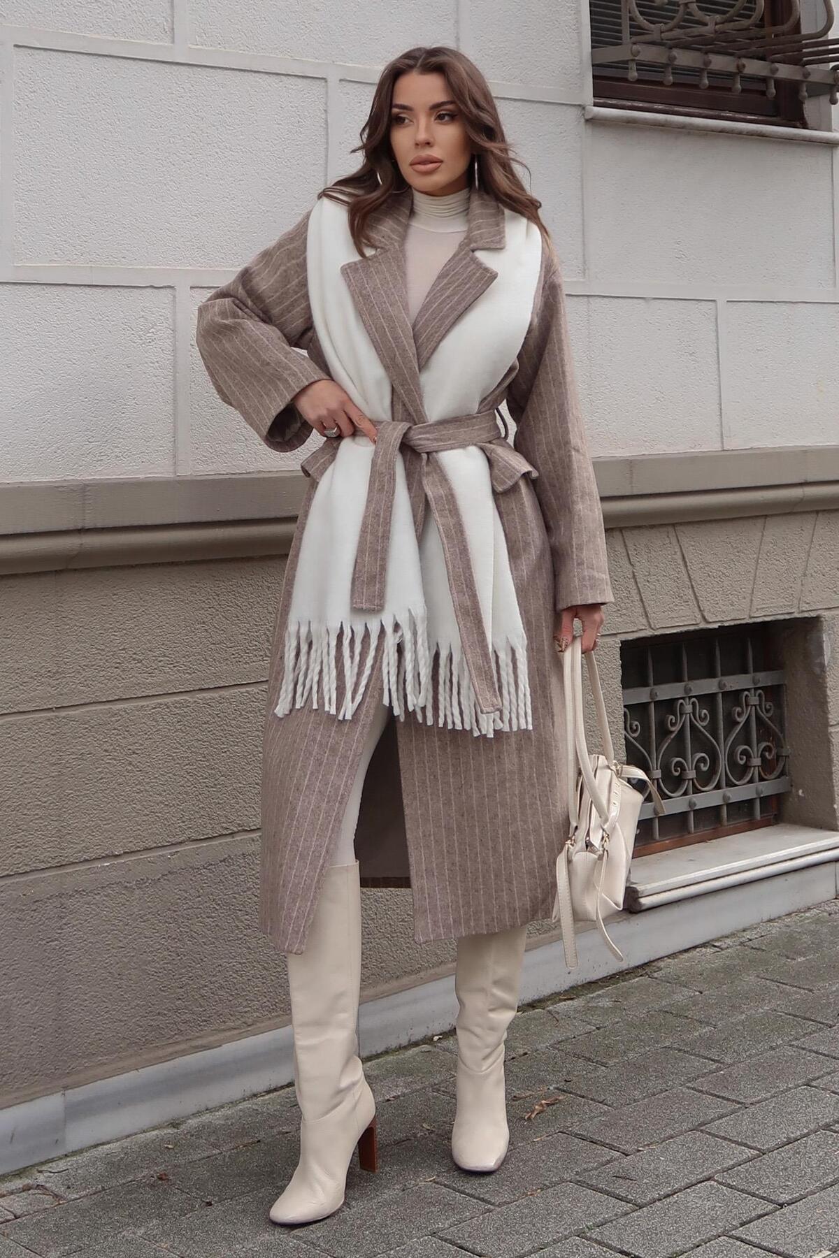 Lijuri  Çizgili Kuşaklı Kaşe Kaban 7123 - Görsel 8