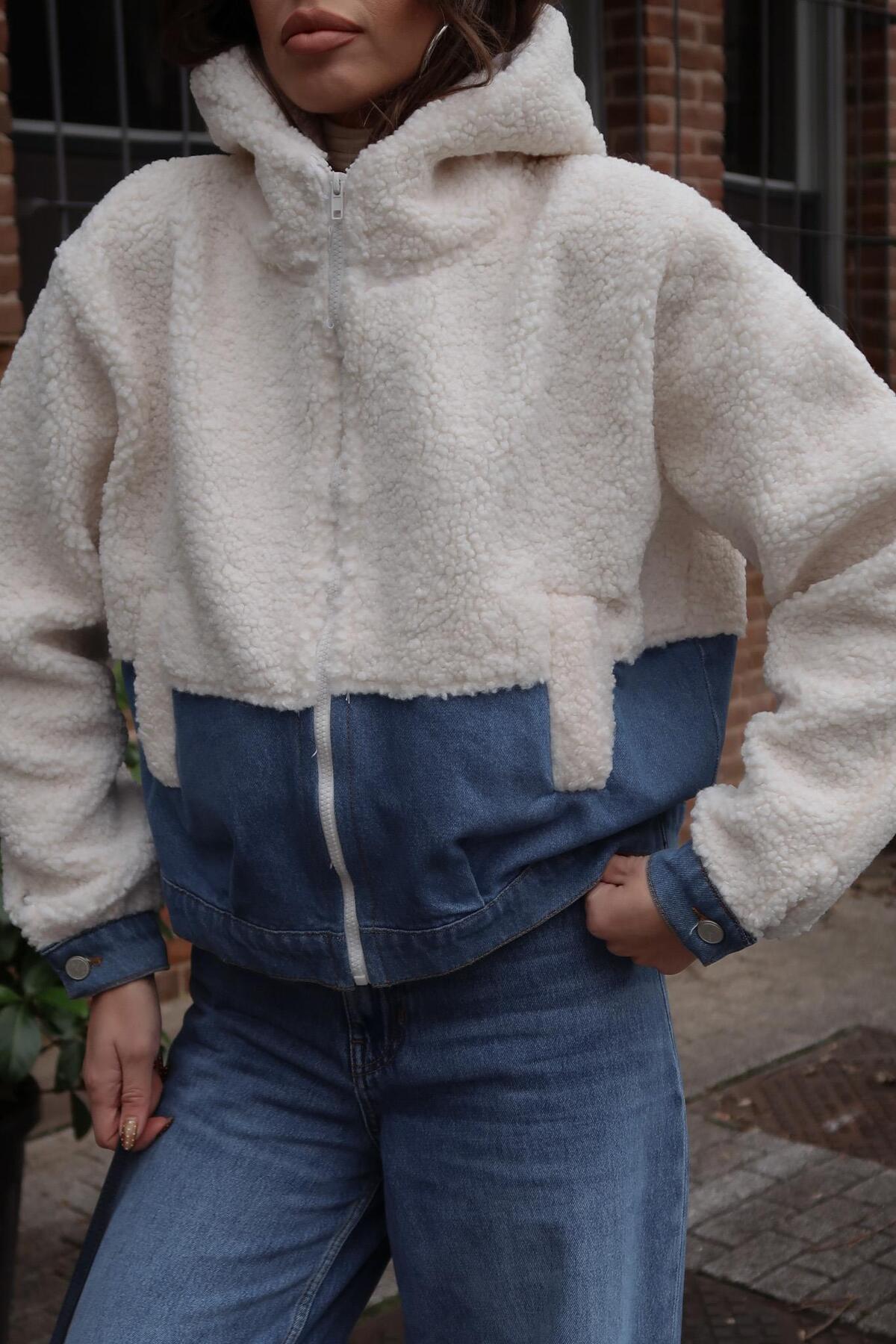 Lijuri  Kot Garnili Kapüşonlu Peluş Ceket 7119 - Görsel 4