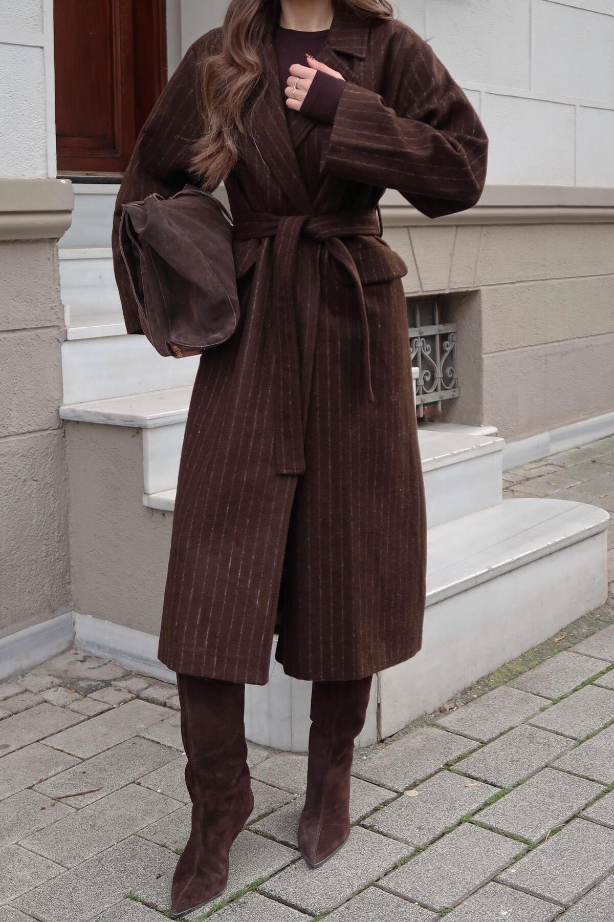 Lijuri  Çizgili Kuşaklı Kaşe Kaban 7123 - Görsel 6