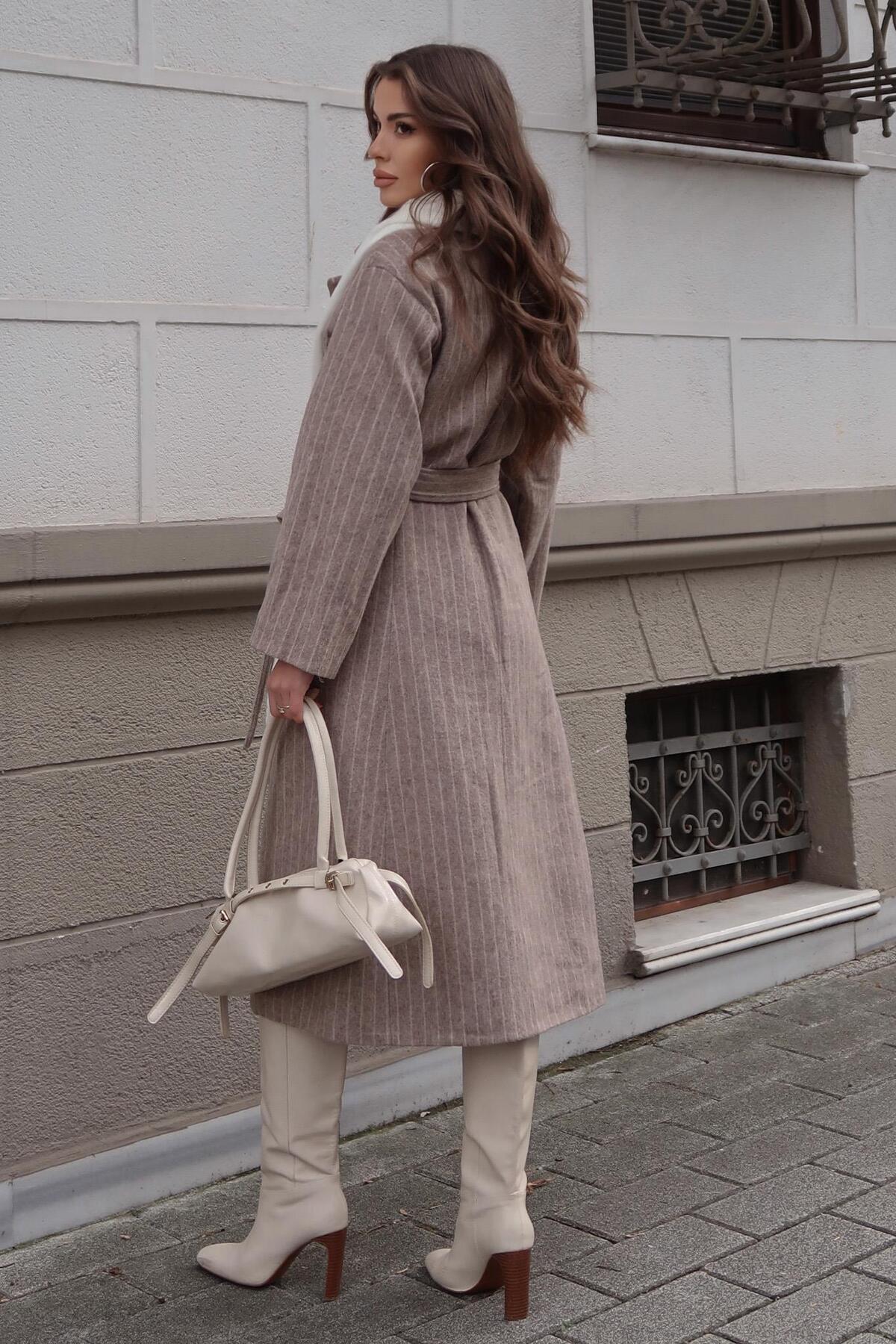 Lijuri  Çizgili Kuşaklı Kaşe Kaban 7123 - Görsel 3