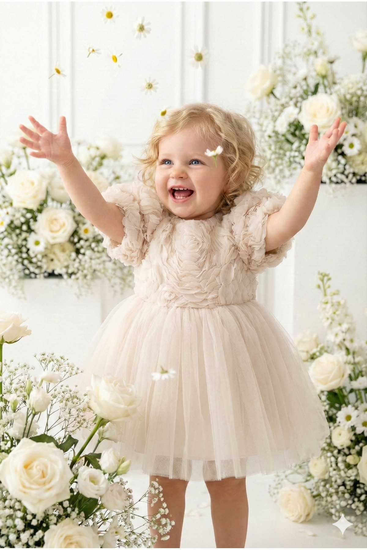 ALYRA Kız Bebek Elbise Kısa Kollu 3D Güllü Tüllü Tütü Fiyonklu Doğum Günü Parti Özel Gün Kız Çocuk Elbise fotoğrafı 3 (önizleme)