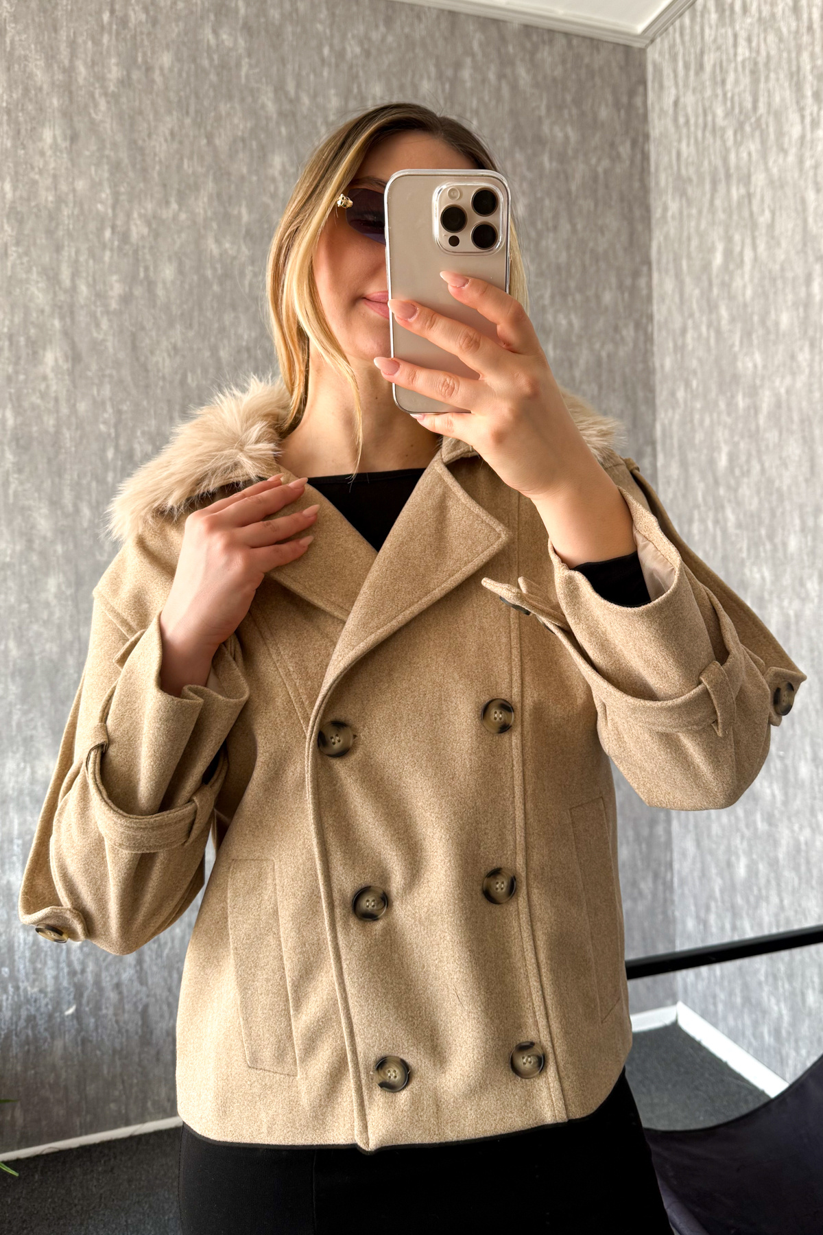 ModaPlaza  Kadın Kaşe Yaka Kürklü Mont 60560 - Görsel 5