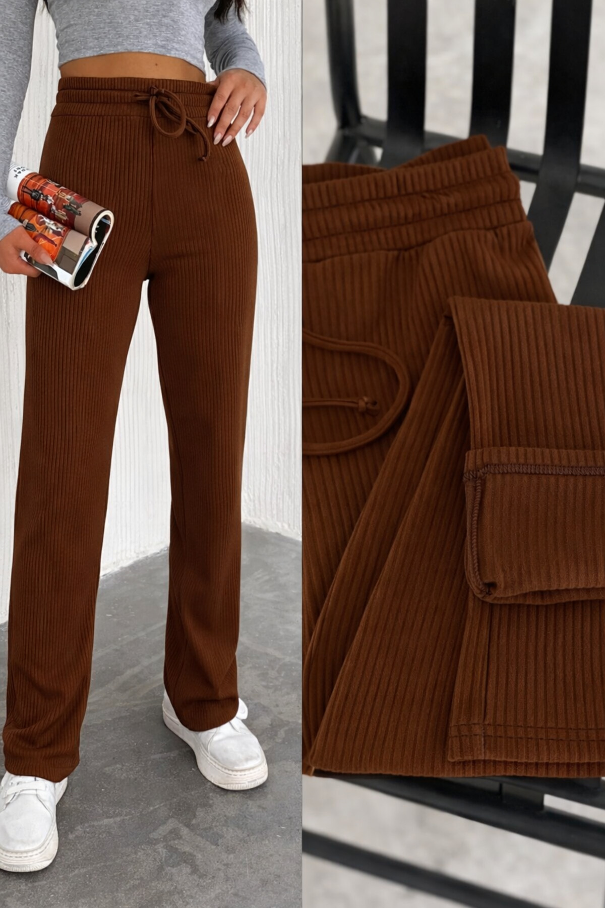 Gugus Kadın Bol Paça İÇİ POLARLI Fitilli Pantolon Içi Wide Leg Eşofman Altı