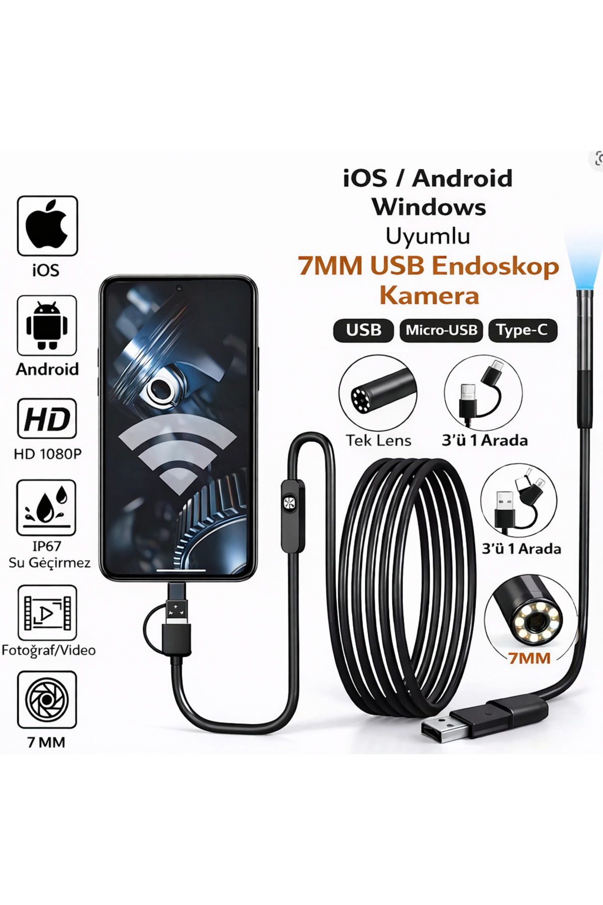Dimute Shop USB Endoskop Kamera 7mm 1080P HD, LED Işıklı 10m Esnek Kablo, Su Geçirmez Boroskop