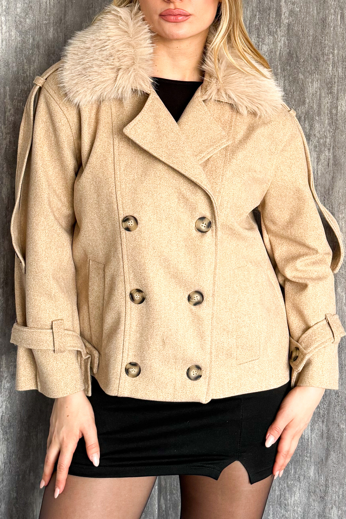 ModaPlaza  Kadın Kaşe Yaka Kürklü Mont 60560 - Görsel 3