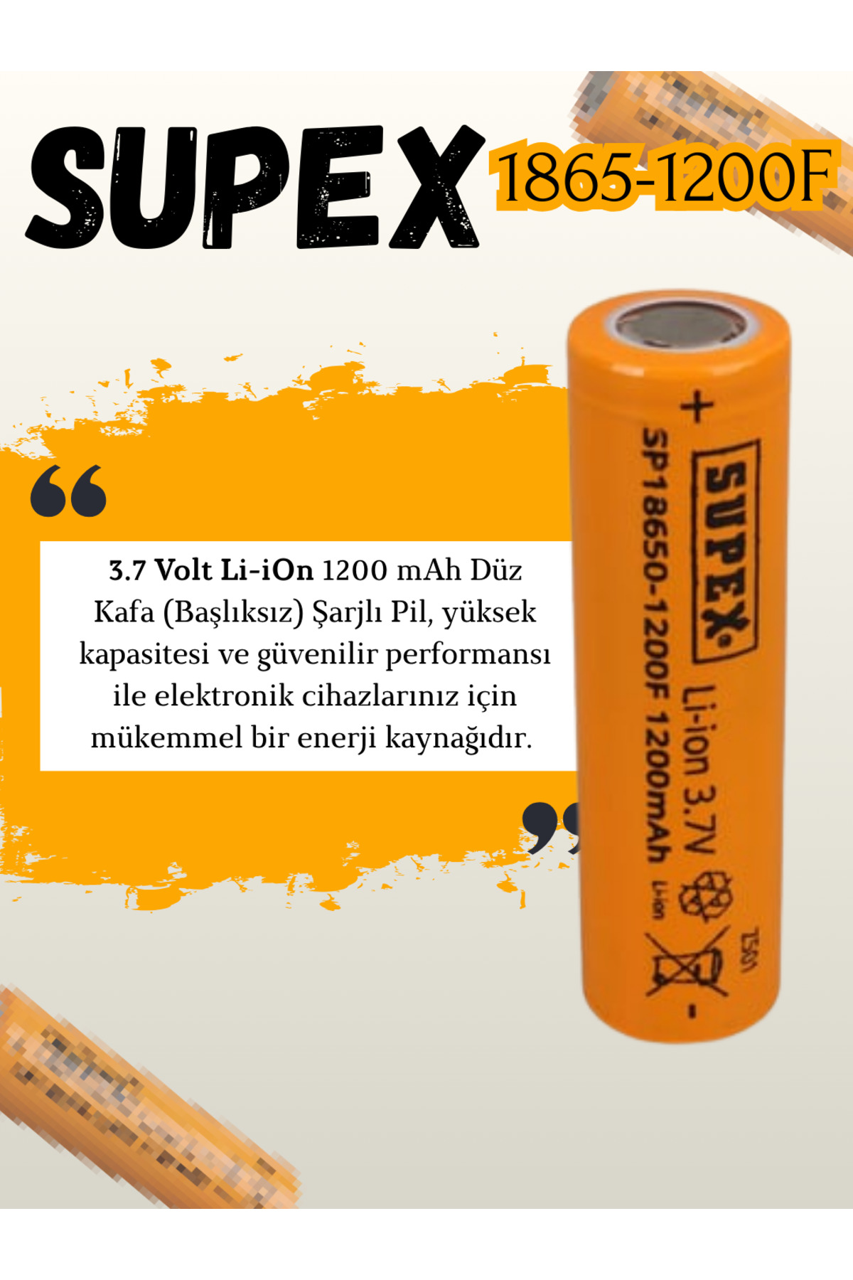 Supex 10-adet 1865-1200F 3.7V Li-Ion 1200 mAh 18650 Düz Kafa