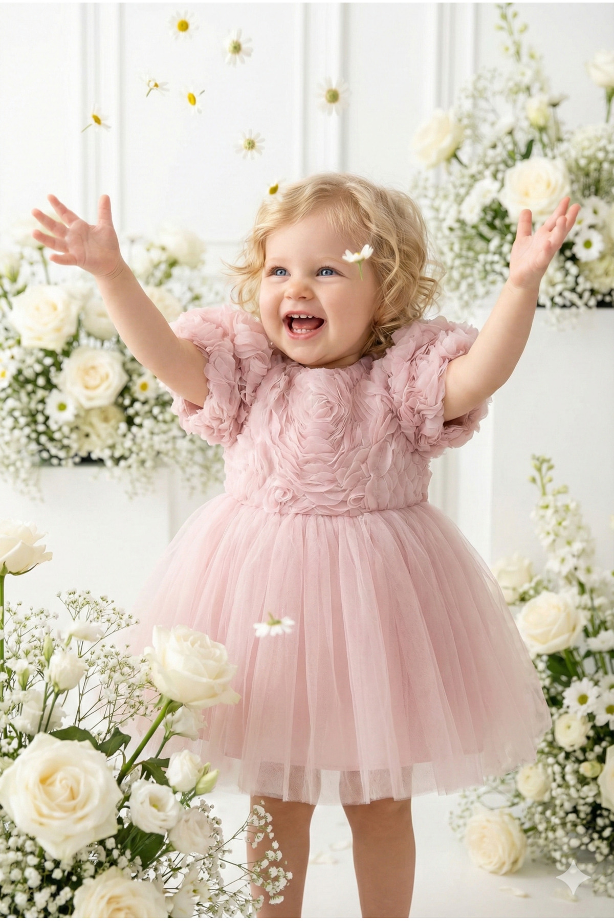 ALYRA Kız Bebek Elbise Kısa Kollu 3D Güllü Tüllü Tütü Fiyonklu Doğum Günü Parti Özel Gün Kız Çocuk Elbise fotoğrafı 7 (önizleme)