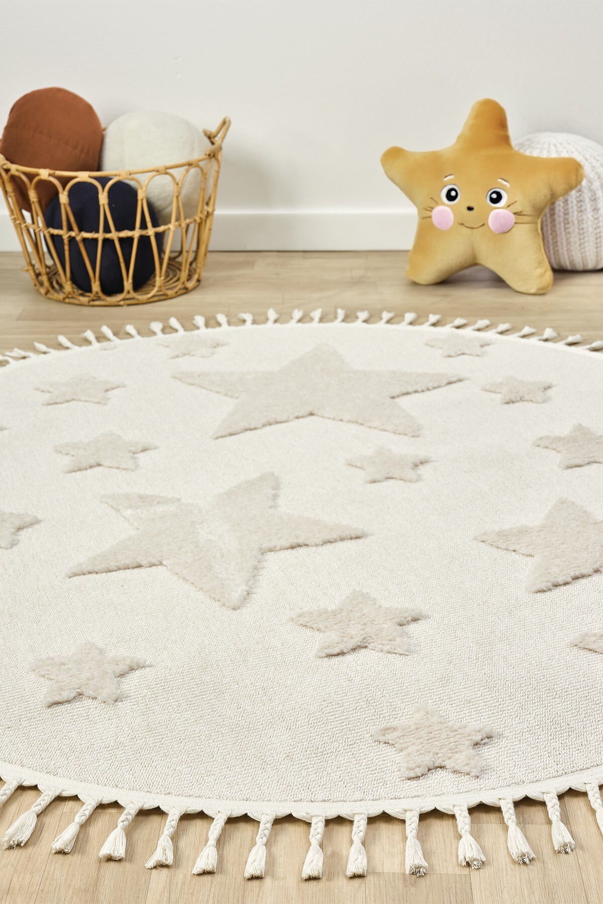 Eliz Home Daire Yuvarlak Krem Renk Yıldız Yumuşak Bukleli Dokuma Halı Bebek Odası Çocuk Odası Halısı 12 DAİRE fotoğrafı 3 (önizleme)