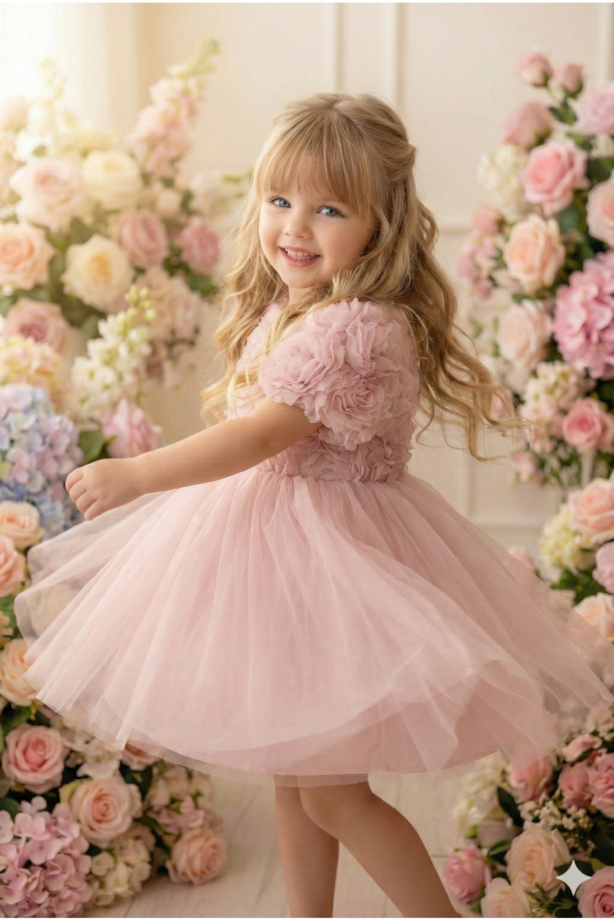 ALYRA Kız Bebek Elbise Kısa Kollu 3D Güllü Tüllü Tütü Fiyonklu Doğum Günü Parti Özel Gün Kız Çocuk Elbise fotoğrafı 4 (önizleme)