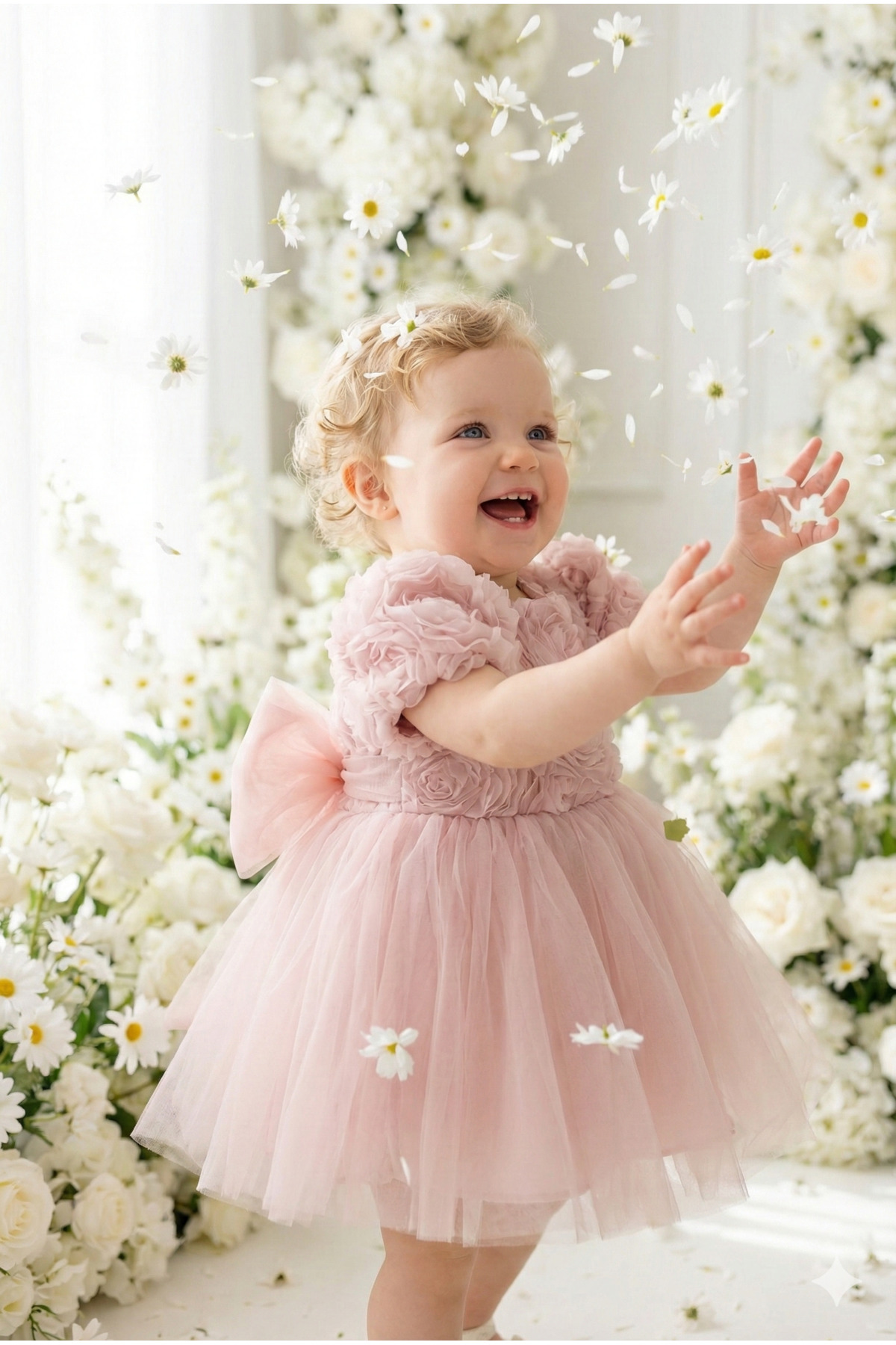 ALYRA Kız Bebek Elbise Kısa Kollu 3D Güllü Tüllü Tütü Fiyonklu Doğum Günü Parti Özel Gün Kız Çocuk Elbise fotoğrafı 5 (önizleme)