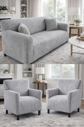 beyvetçe Jakarlı YAPRAK 33 11 açık gri Lastikli Kanepe Örtüsü | Lastikli Kolt...