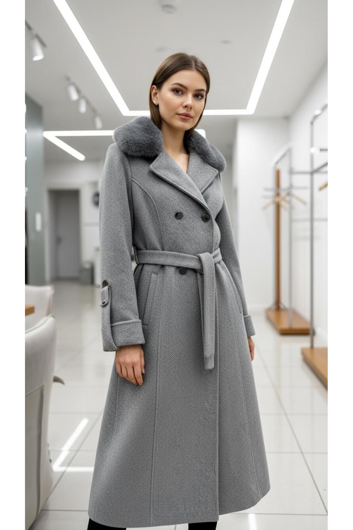 ESİN GİYİM  Asalet Serisi Çıkartılabilir Kürklü Kruvaze Kışlık Kaban - Görsel 2