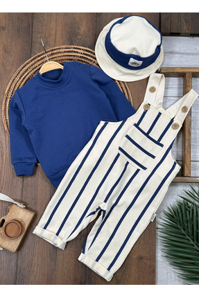 Bolly Baby Çizgili Safari Şapkalı Omuzdan Çıtçıtlı Sweatshirt Salopet 3lü Erk...