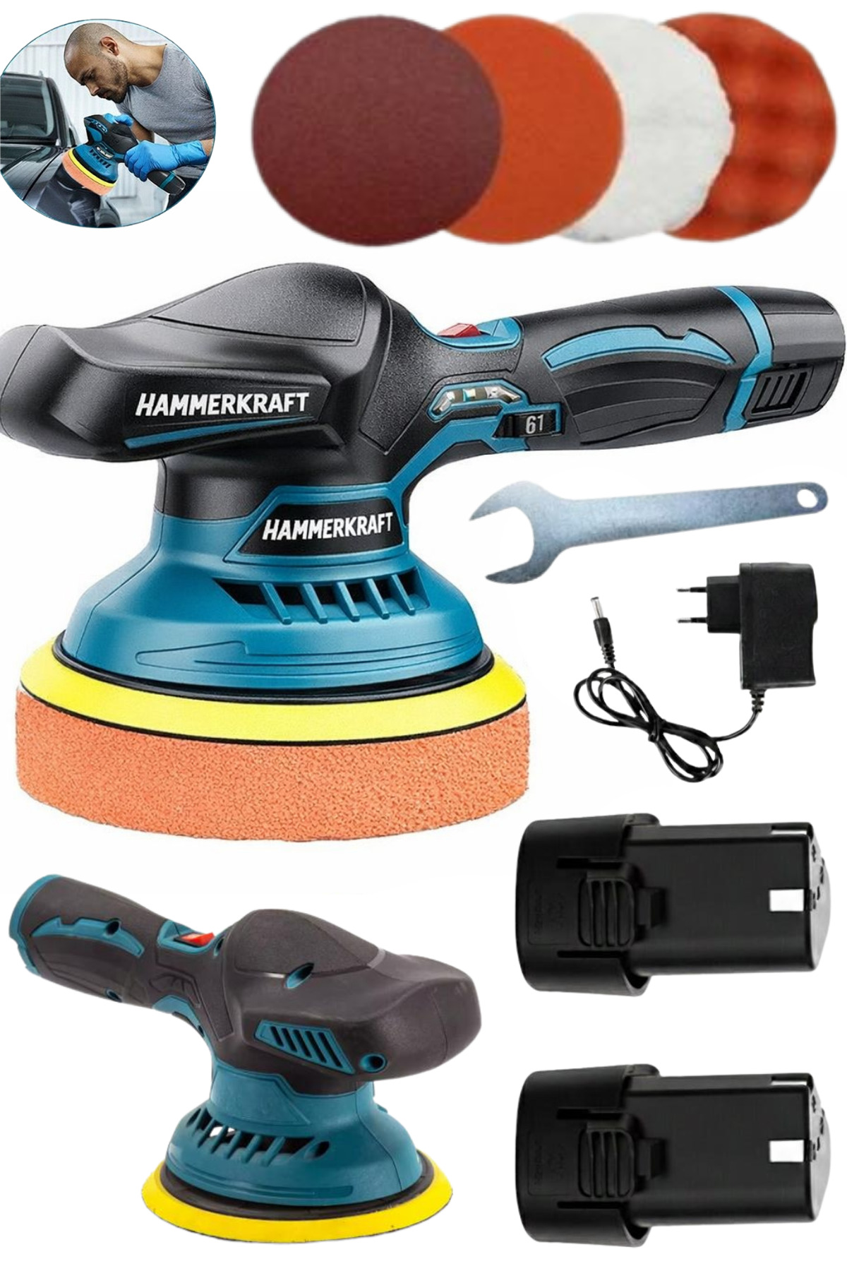 HAMMERKRAFT Orbital Çift Akülü Dijital Detaylı Pasta Cila Polisaj
