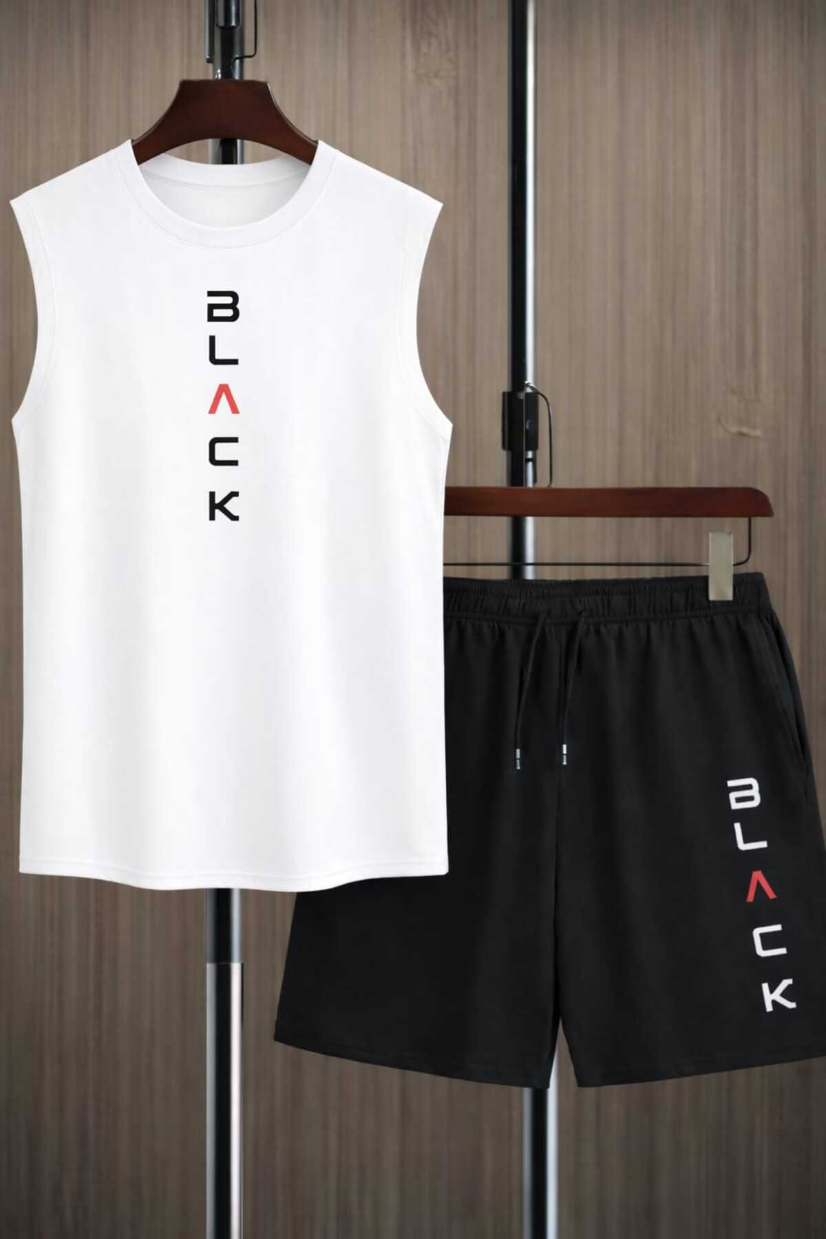 TREND ALİSSE  2 Li Takım MOVE SHORT Ve Atlet- Ikili Siyah Ve BEYAZ Baskılı Yazlık Rahat Cepli Spor Şort