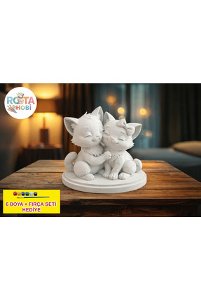 ROTA HOBİ Taş Tozu Boyanabilir İkili Kedi Figürü Seti - 6 Renk Boya ve Fırça ...