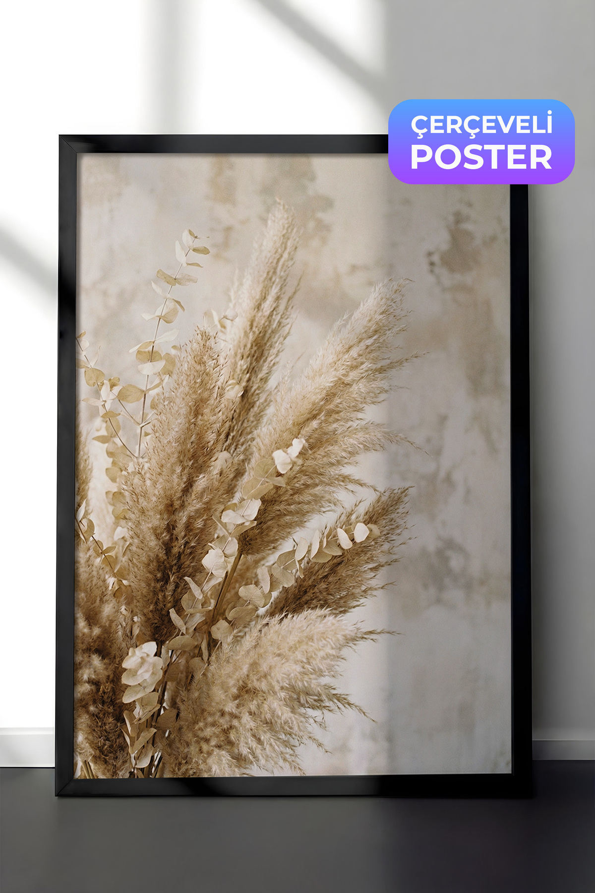 Black Framed Wall Table Beige Pampas Grass and Eucalyptus Neutral Boho Composition Hall Decor