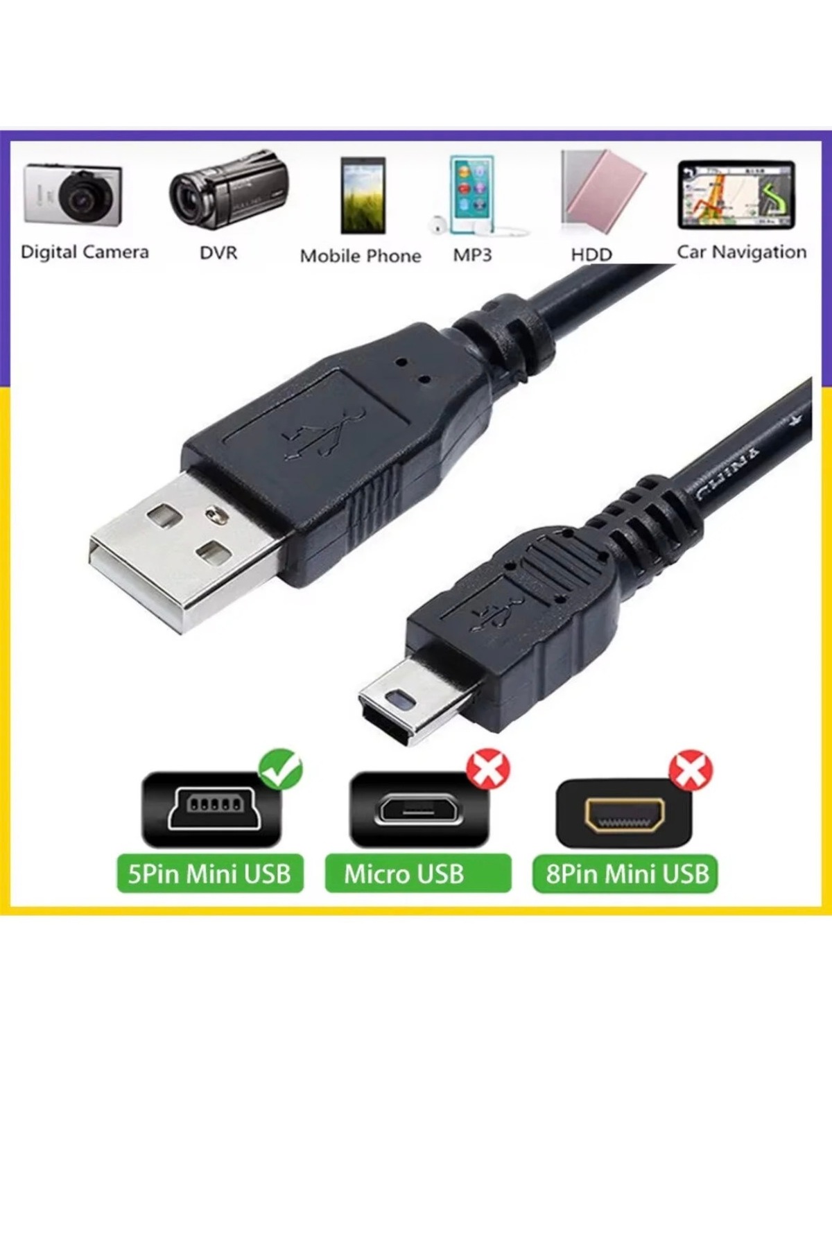 ATAELEKTRONİK Bebevo uyumlu Bebek Kamerası Kare USB Kablo USB 2.0 Kablo Mini B 5 Pin Erkek Type A Erkek 1.5 Metre fotoğrafı 2 (önizleme)