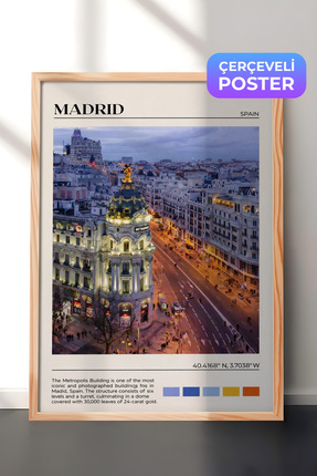 Zestia Ahşap Çerçeveli Duvar Tablosu Madrid Gece Şehir Manzarası Salon Dekoru