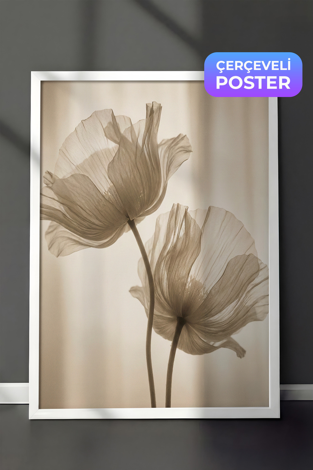 White Framed Wall Table Transparent Poppy Flower Neutral Tone Minimal Photo Living Room Decor