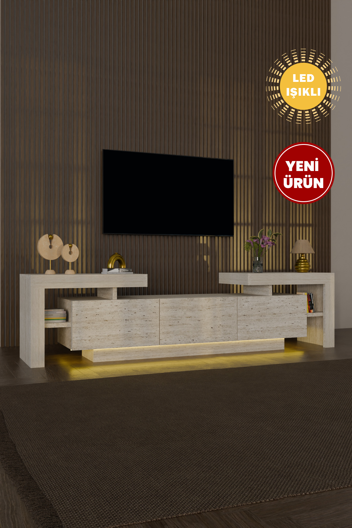 BulForte Led Lighted TV Unit 190cm Modern 3 Lid Shelf Flying TV Stand Travertine Pattern